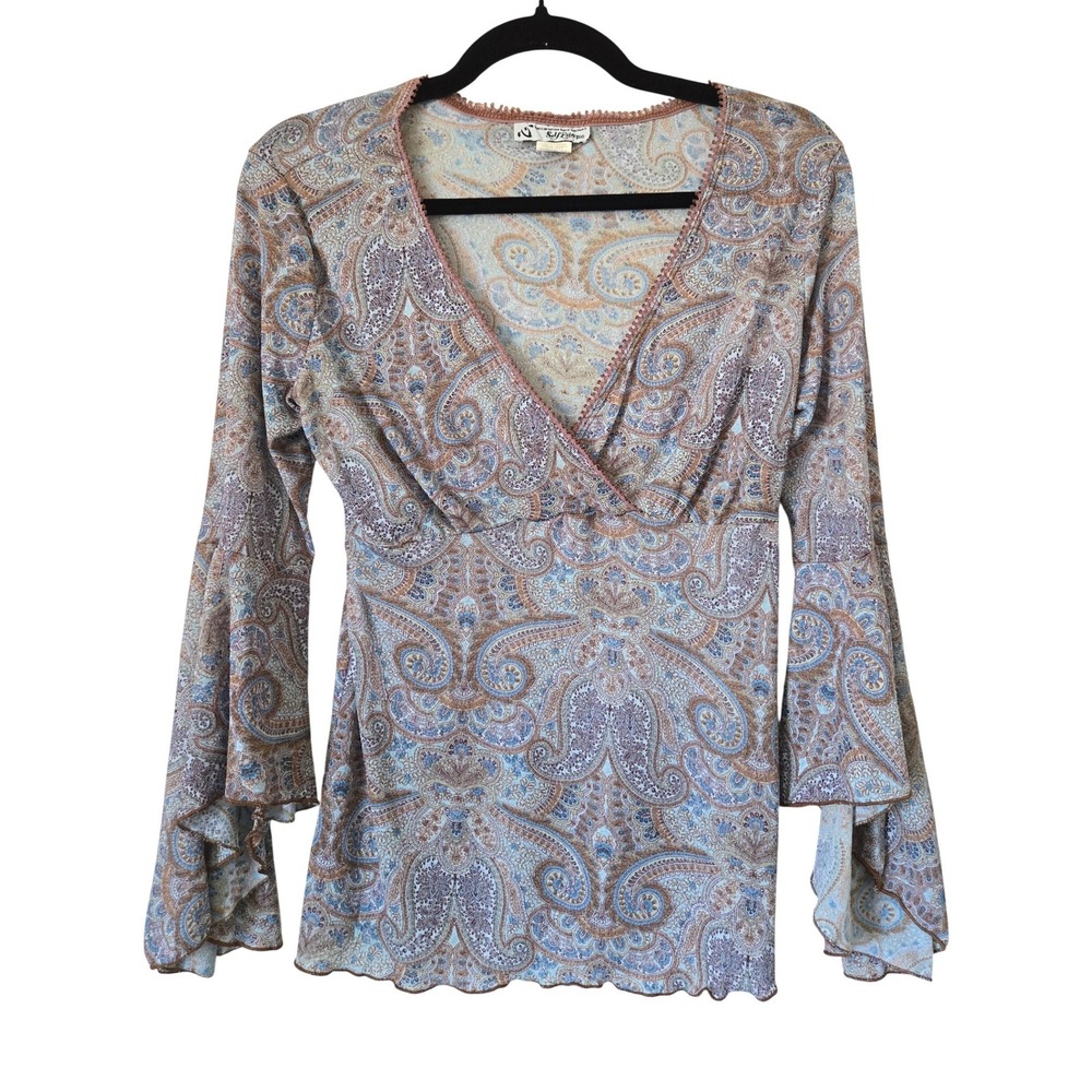 Self Esteem Y2K Paisley Bell Sleeve Tie Back Top Mesh Lettuce Hem Medium USA